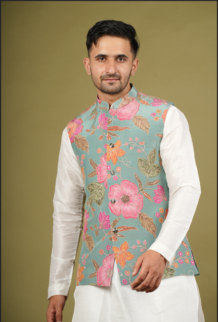 he Jaipur Garden Embroidered Nehru Jacket